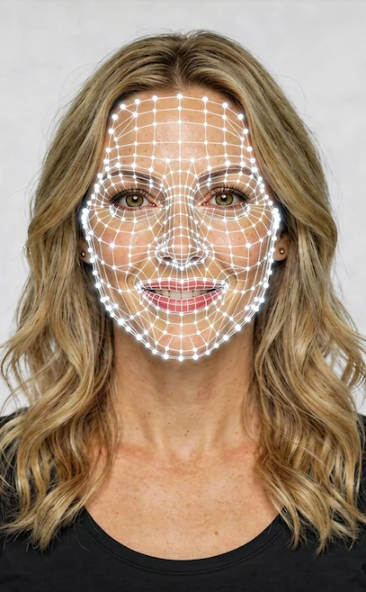 Malha de 478 pontos faciais mapeada pela IA do Allbele sobre a foto frontal da paciente